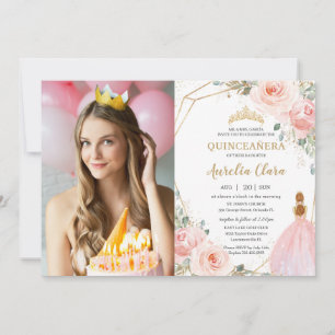 Chic Quinceañera Blush Pink Floral 15 Anos Photo Invitation