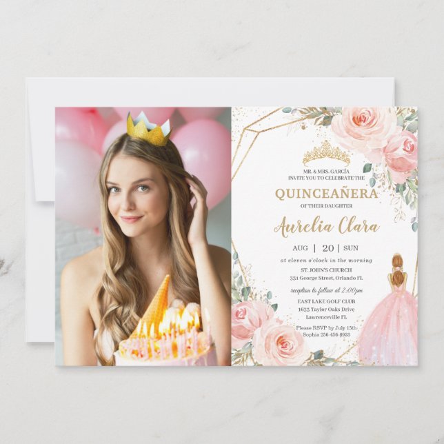 Chic Quinceañera Blush Pink Floral 15 Anos Photo  Invitation (Front)
