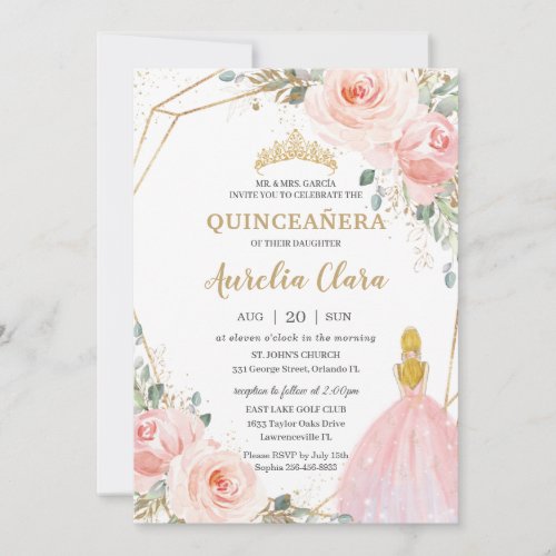 Chic Quinceaera Blush Pink Floral Blonde Birthday Invitation