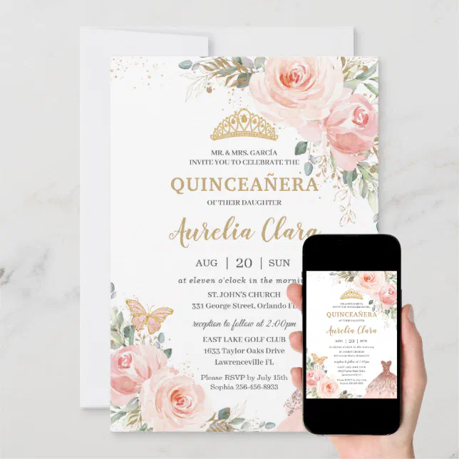 Chic Quinceañera Blush Pink Floral Dress Birthday Invitation | Zazzle