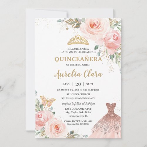 Chic Quinceaera Blush Pink Floral Dress Birthday  Invitation