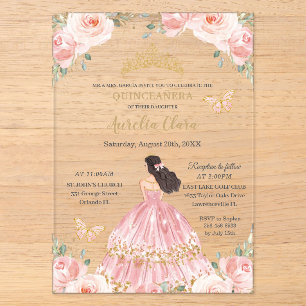 Chic Quinceañera Blush Pink Floral Gold Princess Acrylic Invitations