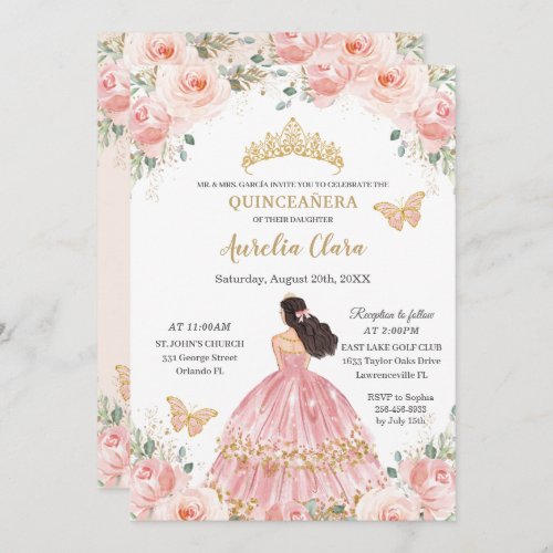 Chic Quinceaera Blush Pink Floral Gold Princess Invitation