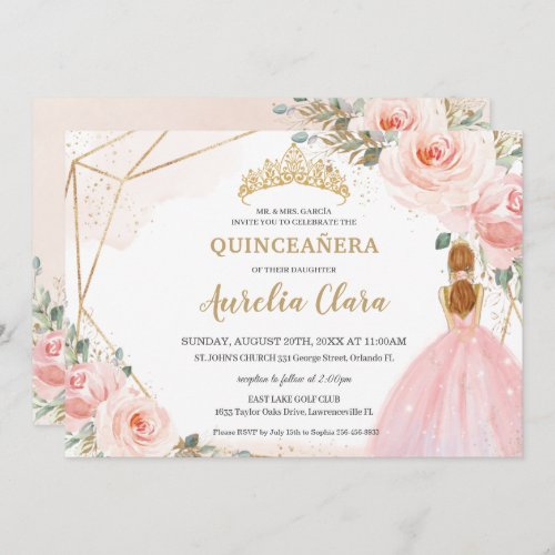 Chic Quinceaera Blush Pink Floral Tiara Birthday Invitation