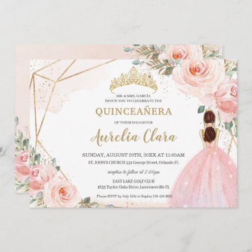 Chic Quinceaera Blush Pink Floral Tiara Birthday  Invitation