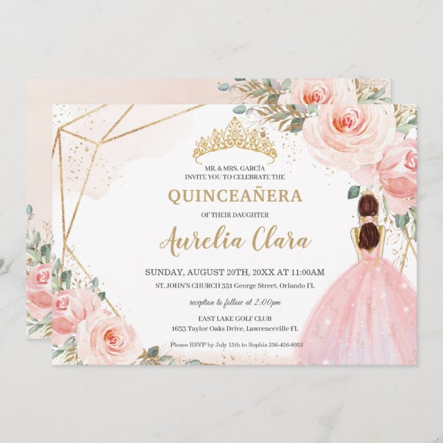 Chic Quinceañera Blush Pink Floral Tiara Birthday  Invitation (Front/Back)