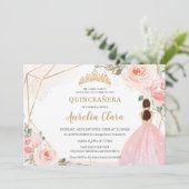 Chic Quinceañera Blush Pink Floral Tiara Birthday  Invitation (Standing Front)