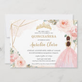 Chic Quinceañera Blush Pink Floral Tiara Birthday  Invitation (Front)