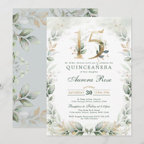 Chic Quinceanera Botanical Greenery Gold Birthday Invitation