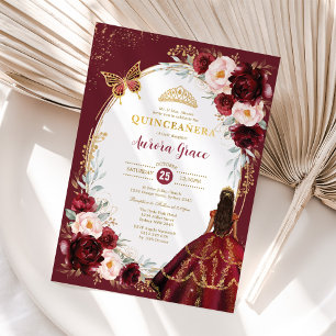 Chic Quinceañera Burgundy Blush Floral Butterfly Invitation