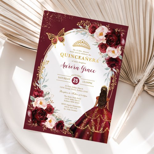 Chic Quinceaera Burgundy Blush Floral Butterfly Invitation