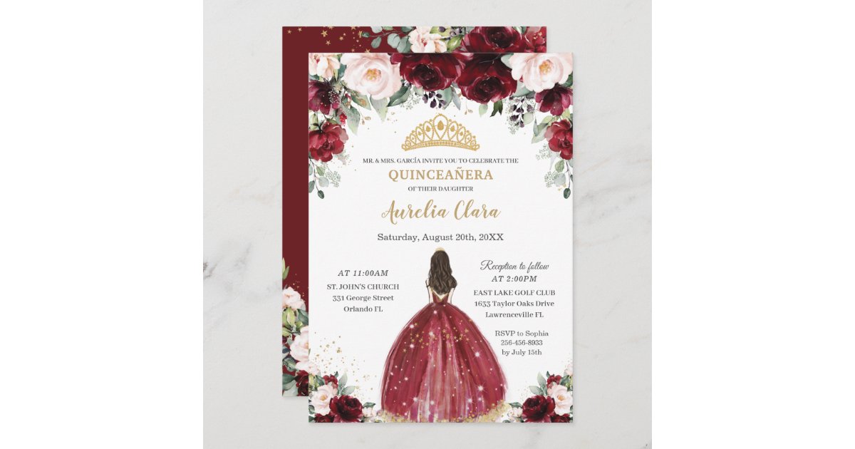 Chic Quinceañera Burgundy Blush Floral Princess Invitation Zazzle 