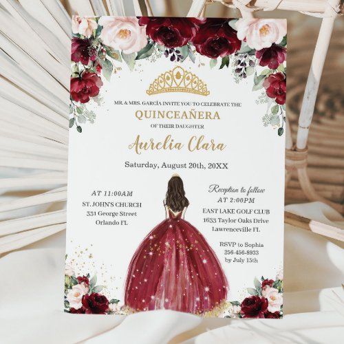 Chic Quinceaera Burgundy Blush Floral Princess Invitation