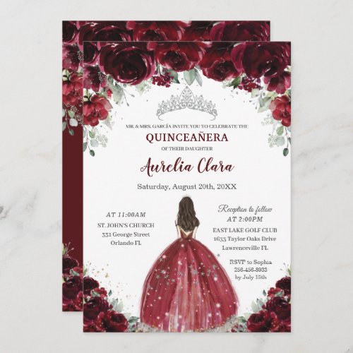 Chic Quinceaera Burgundy Floral Princess Silver Invitation