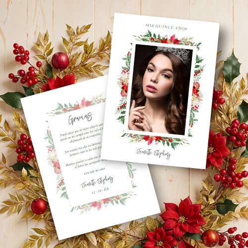 Chic Quinceaera Christmas Poinsettias Frame Photo Thank You Card