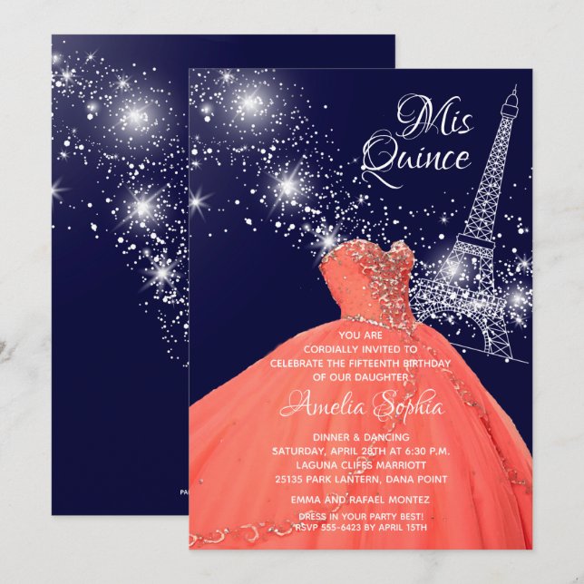 Chic Quinceañera Coral Gown Eiffel Tower Invites (Front/Back)