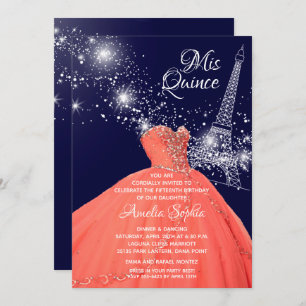 Chic Quinceañera Coral Gown Eiffel Tower Invites