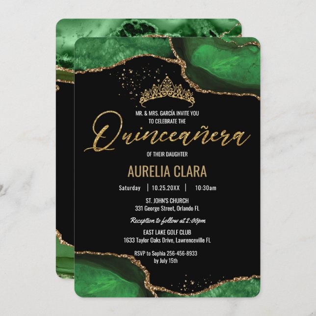 Chic Quinceañera Emerald Green Agate Marble Invitation (Front/Back)