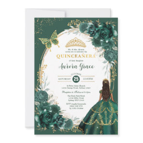 Chic Quinceañera Emerald Green Floral Butterfly In Invitation