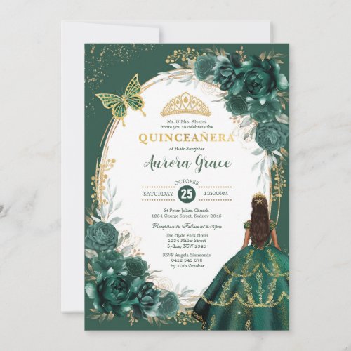 Chic Quinceaera Emerald Green Floral Butterfly In Invitation