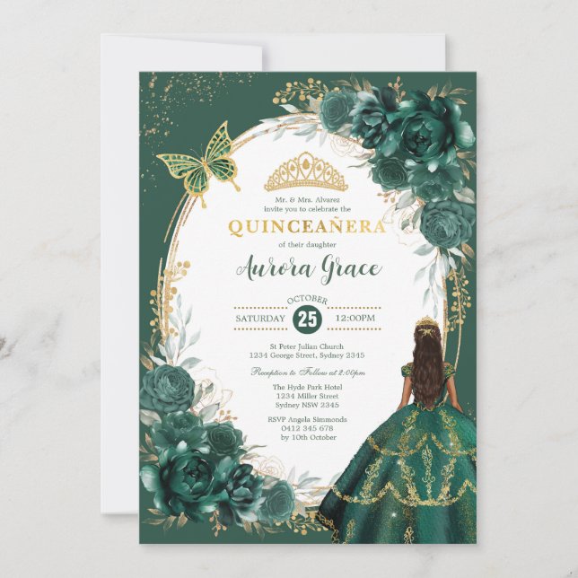 Chic Quinceañera Emerald Green Floral Butterfly In Invitation (Front)