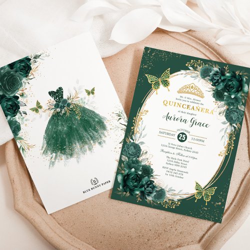 Chic Quinceaera Emerald Green Floral Butterfly Invitation