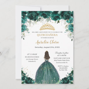 Chic Quinceañera Emerald Green Floral Princess Invitation.