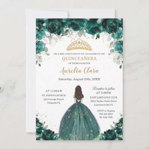 Chic Quinceaera Emerald Green Floral Princess  Invitation