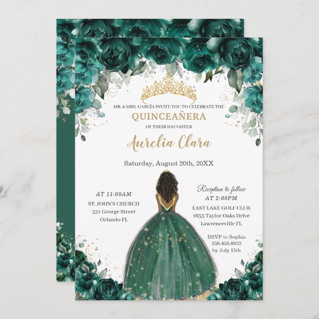 Chic Quinceañera Emerald Green Floral Princess  Invitation (Front/Back)