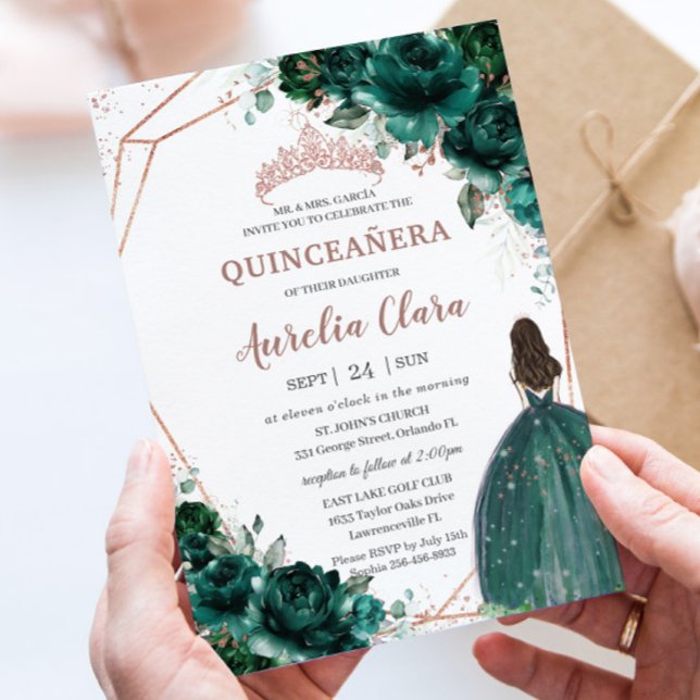 Chic Quinceañera Emerald Green Floral Rose Gold  Invitation (Creator Uploaded)