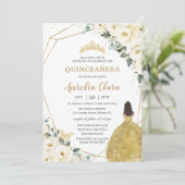 Chic Quinceañera Ivory White Floral Gold Princess  Invitation (Standing Front)
