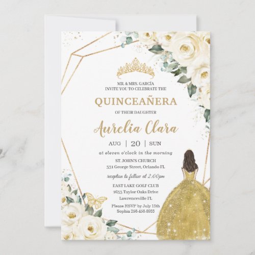 Chic Quinceaera Ivory White Floral Gold Princess  Invitation