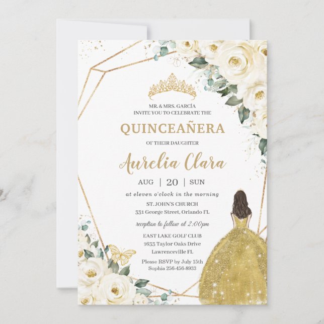 Chic Quinceañera Ivory White Floral Gold Princess  Invitation (Front)