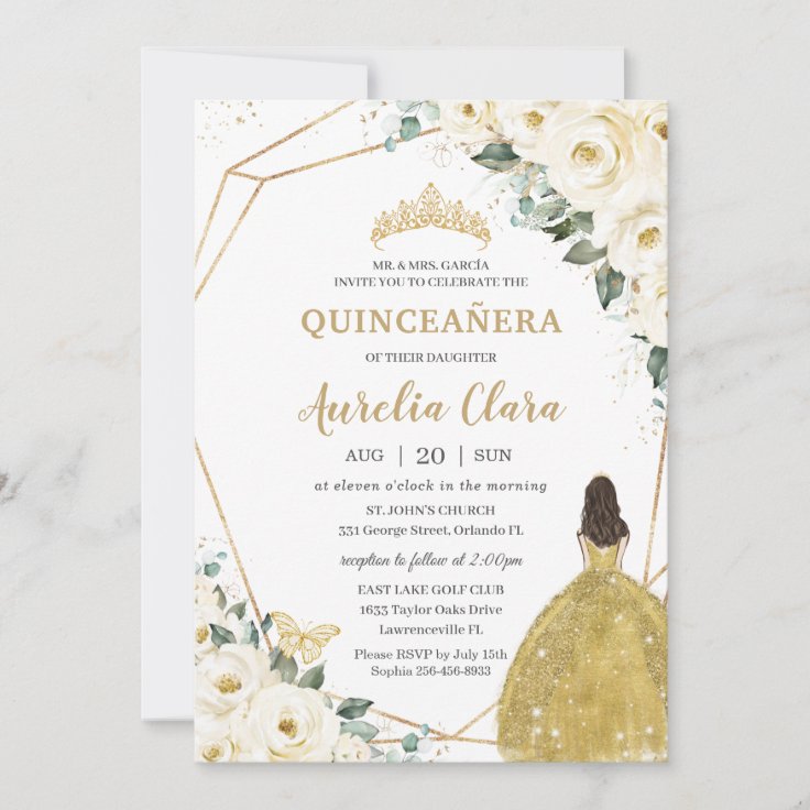 Chic Quinceañera Ivory White Floral Gold Princess Invitation | Zazzle