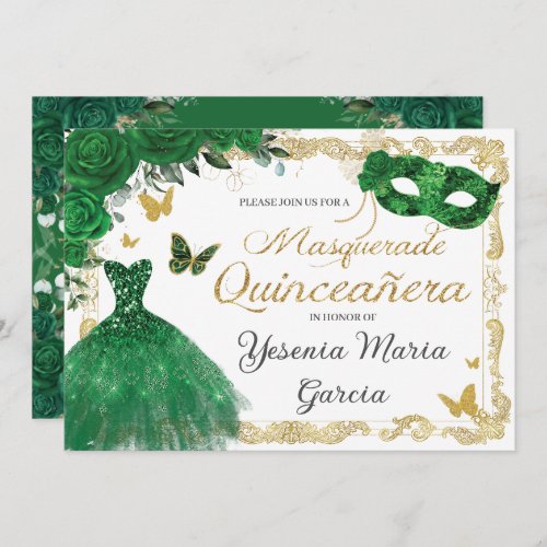 Chic Quinceaera Masquerade Emerald Green Floral I Invitation