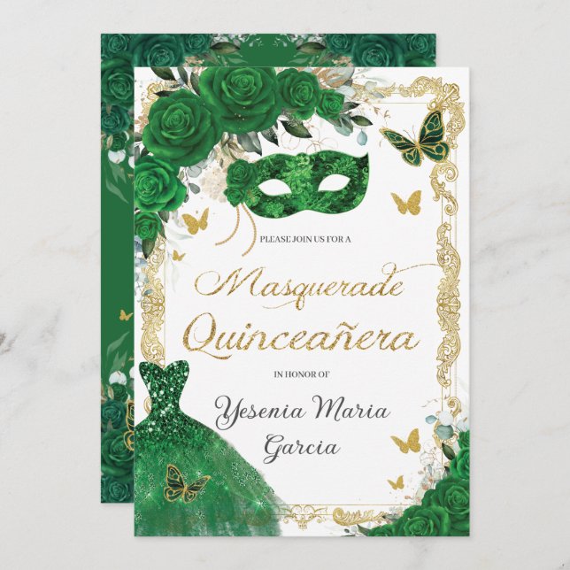 Chic Quinceañera Masquerade Emerald Green Floral Invitation (Front/Back)