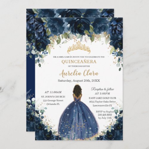 Chic Quinceaera Navy Blue Floral Brown Princess Invitation