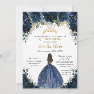 Chic Quinceañera Navy Blue Floral Princess Crown Invitation