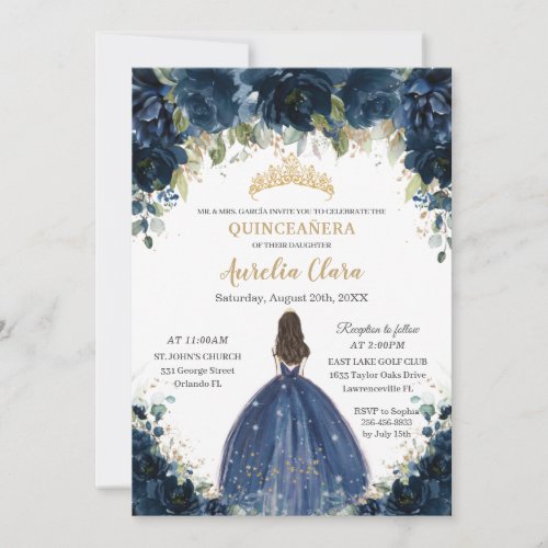 Chic Quinceaera Navy Blue Floral Princess Crown Invitation