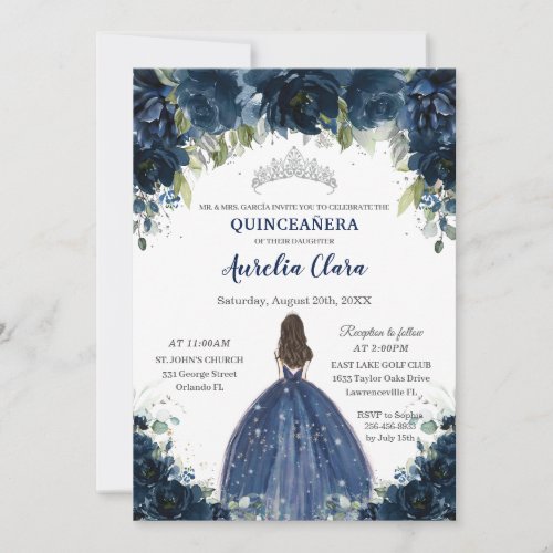 Chic Quinceaera Navy Blue Floral Princess Silver Invitation