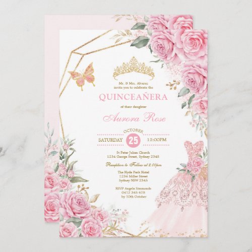 Chic Quinceaera Pink Gold Roses Crown Princess Invitation