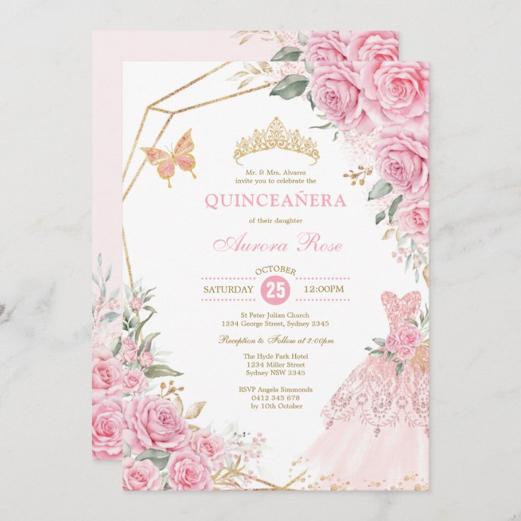 Chic Quinceañera Pink Gold Roses Crown Princess Invitation | Zazzle