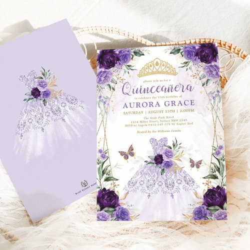 Chic Quinceaera Princess Dress Purple Floral Invitation