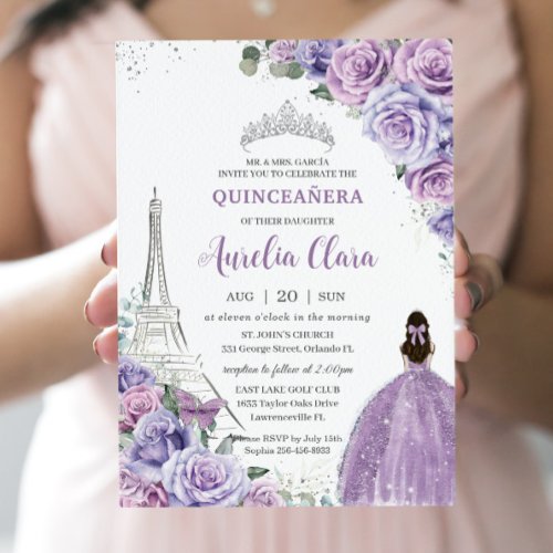 Chic Quinceaera Purple Floral Paris Eiffel Silver Invitation