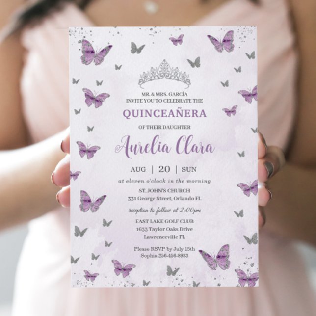 Chic Quinceañera Purple Lilac Butterflies Silver Invitation (Creator Uploaded)