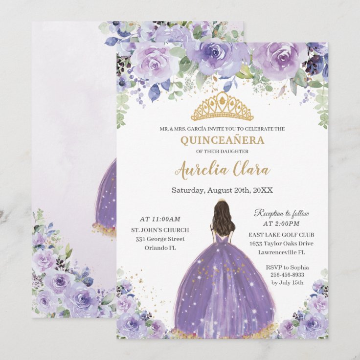 Chic Quinceañera Purple Lilac Floral Princess Invitation Zazzle