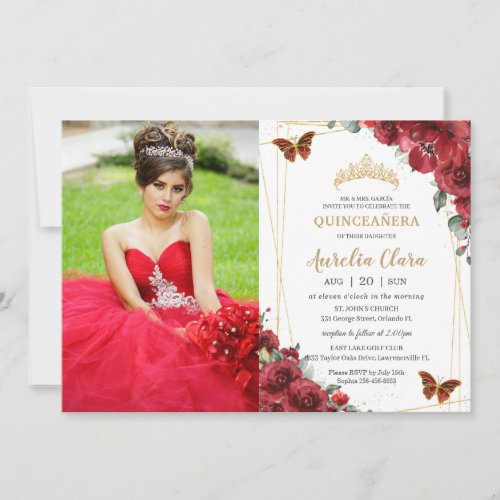 Chic Quinceaera Red Floral Gold Butterflies Photo Invitation