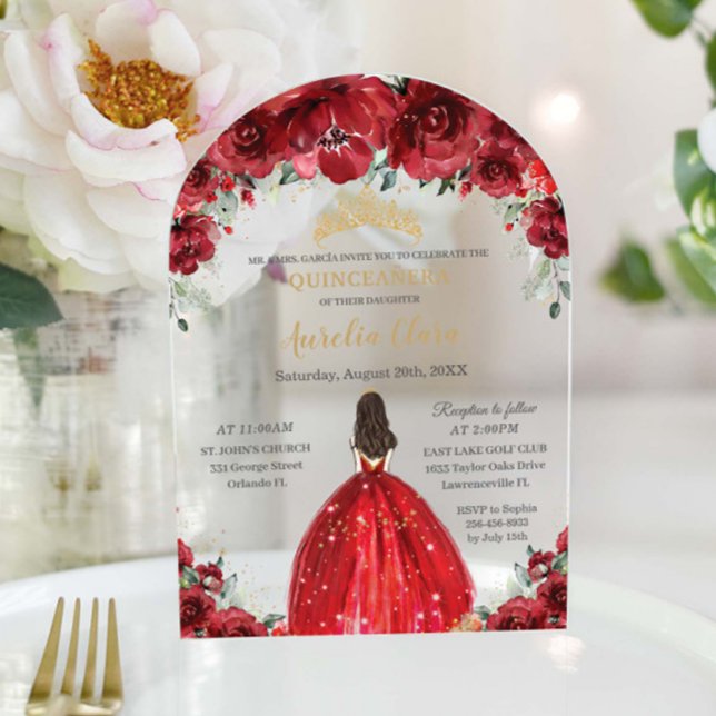 Chic Quinceañera Red Floral Roses Princess Arch Acrylic Invitations (Creator Uploaded)