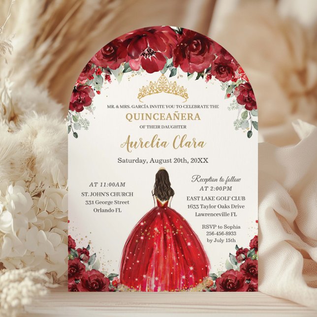 Chic Quinceañera Red Floral Roses Princess Arch Invitation (Creator Uploaded)