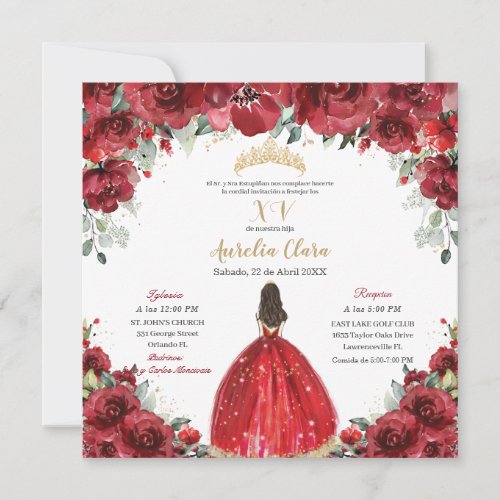 Chic Quinceaera Red Floral Roses Princess Gold Invitation
